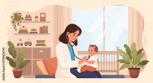 Pediatrician Doctor Examining Baby's Heartbeat in Cozy Clinic Health and Wellness Check-up