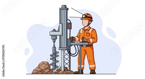 Flat vector full body faceless mining worker operating a drilling rig, standing with hands on controls