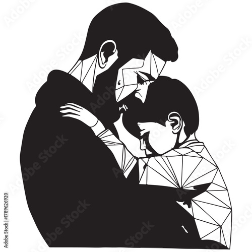 A heartwarming geometric illustration of a father embracing his child, showcasing love and connection