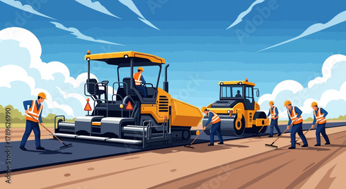 Road construction with asphalt laying and roller compacting