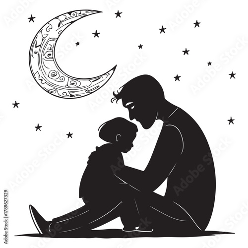 A tender illustration of a father and child under the moonlight, sharing a quiet moment of love and connection