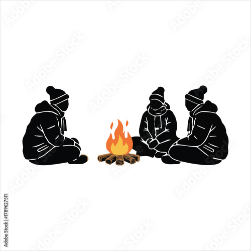 Three friends gathered around a warm campfire on a cold night sharing stories and laughter under the stars
