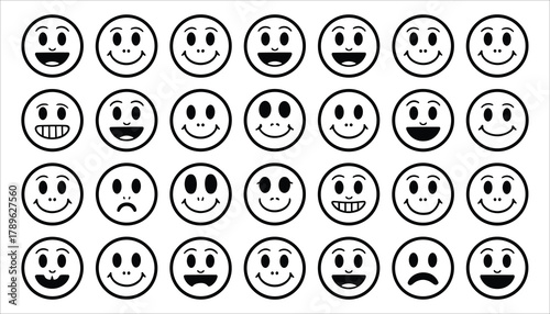 Collection of black and white smiley face icons with various expressions and emotions emoticon symbol