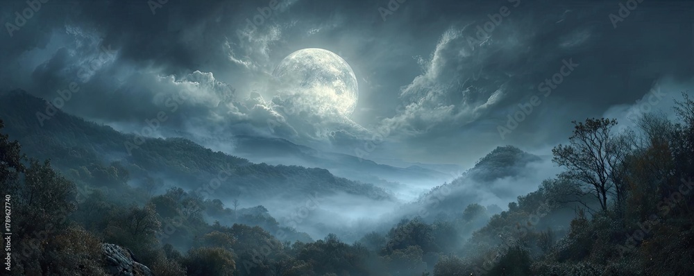 Obraz premium Epic spooky night with full moon misty sky concept. A captivating night landscape featuring a large full moon.