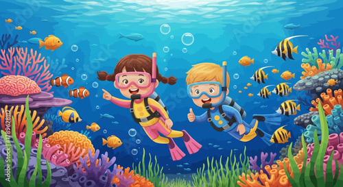 Underwater adventure with two smiling children exploring coral reefs and tropical fish while scuba diving
