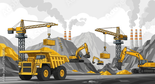 Mining Operation Scene with Heavy Machinery and Industrial Landscape