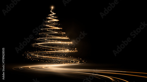 Luxurious abstract Christmas illustration with a glowing golden light trail forming a Christmas tree on a black background. Ideal for corporate greetings, digital banners, posters, cards, design.
