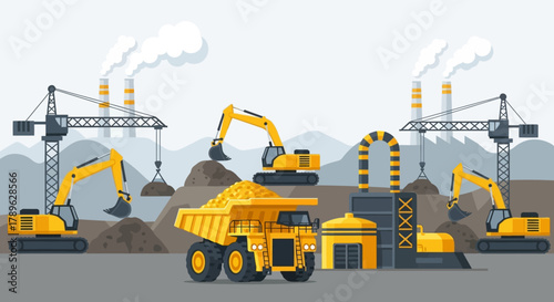 Extraction Site Excavators and Heavy Mining Equipment Working Diligently on Industrial Landscapes