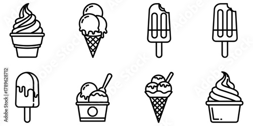Frozen dessert icon set illustration in black and white line art showing ice cream cones, popsicles, cups, and scoops