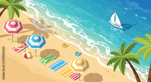 Relaxing Beach Scene with Umbrellas, Towels, and Palm Trees by the Ocean