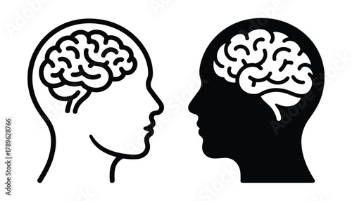 Two human heads in profile facing each other with brains visible inside black and white outlines thinking