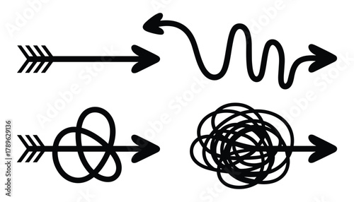 Four black arrows with different path complexities on a white background direction straight