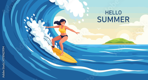 Female surfer riding a powerful blue wave on her surfboard, a summer vacation sports adventure concept illustration