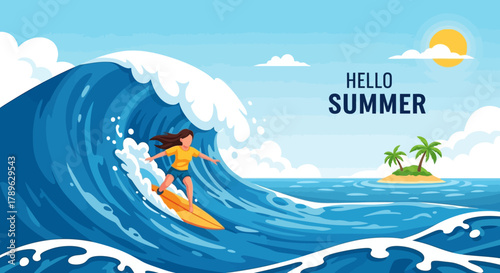 Hello Summer, surfing on a giant wave, tropical island in the distance