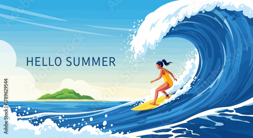 Adventurous female surfer skillfully rides a massive blue ocean wave during a sunny summer holiday illustration
