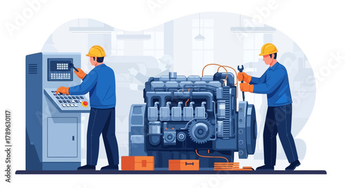 Professional technicians collaborating on the assembly and maintenance of a large industrial power generator in a modern factory setting