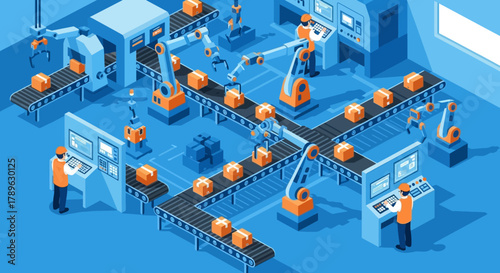 Dynamic isometric illustration showcasing an automated factory production line with robotic arms, conveyor belts, and human operators ensuring efficient, high-tech manufacturing processes