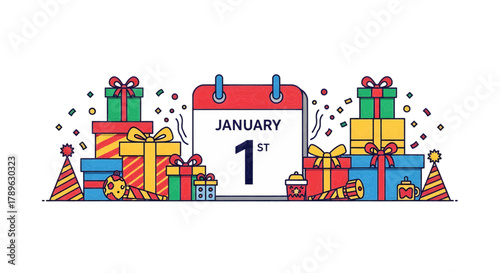 January 1st Celebration Festive Gifts, Confetti, and a Calendar for a Happy New Year