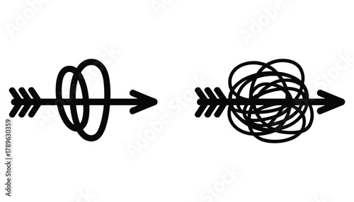 Black arrow passing through simple loops and a complex tangle on white background vector