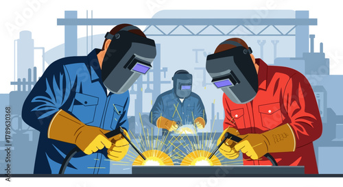 A team of skilled welders in protective gear working together on a metal beam in an industrial factory setting illustration