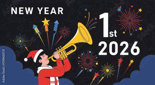 Festive illustration of a person playing a trumpet amidst New Year's fireworks, celebrating the vibrant start of 2026