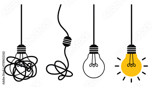 Four hanging light bulbs showing a progression from tangled mess to illuminated idea concept inspiration