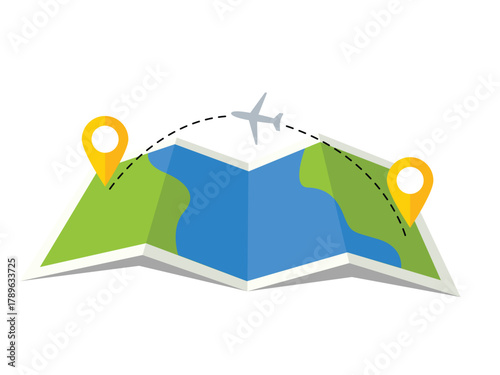 airplane flying over map with yellow markers clip art preview