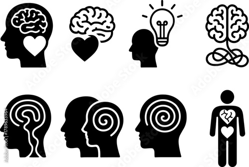 Mind and heart connection symbols in bold silhouette design