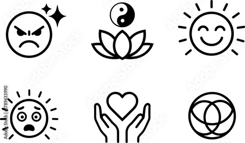 Minimalist emotions and wellness icons: happy, sad, calm, and balanced symbols