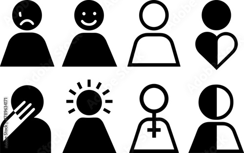 Minimalist black and white icons representing diverse human emotions and concepts