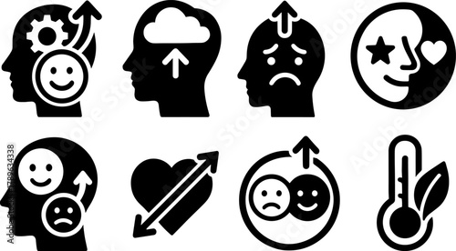 Mental health and emotion icons: silhouette symbols of mood and wellbeing