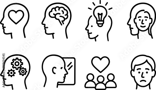 Minimalist human head icons with emotion and idea symbols in black and white