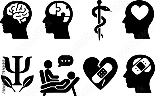 Mental health icons: silhouette designs of therapy, psychology, medicine, and wellbeing