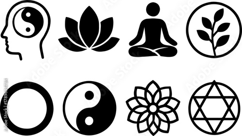 Minimalist yoga and meditation icons: yin yang, lotus, and more