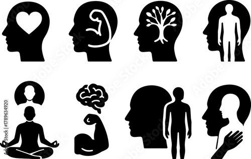 Human silhouette icons reflecting mindfulness wellness and fitness concepts