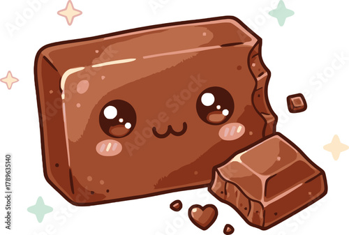 Kawaii Chocolate Bar Vector Icon - Cute Character Dessert with Bites Illustration