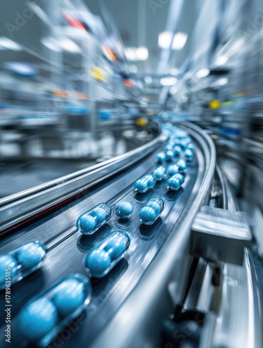 Blue pills on a fast-moving conveyor belt