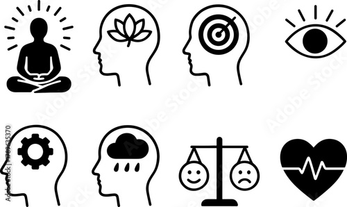 Mindfulness and mental health icons set: meditation, balance, and emotional wellness