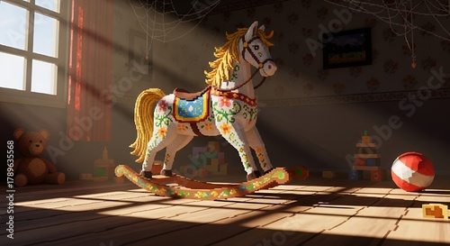 Pixelated rocking horse stands in a sunlit room with scattered toys, evoking nostalgia.