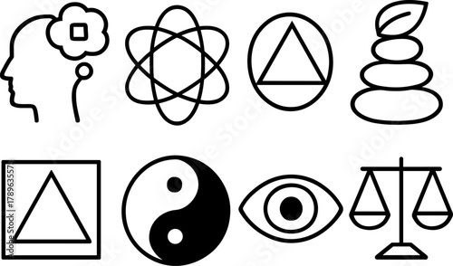 Minimalist line icons of balance, mindfulness, and spirituality