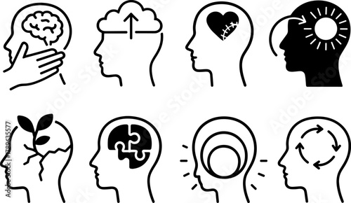 Silhouette mental health awareness icons: creativity, growth, and healing
