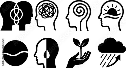 Minimalist mental health icons: silhouette symbols of mindfulness and healing
