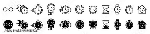 Time icon set. Timer, clock and stopwatch symbol. Vector illustration.