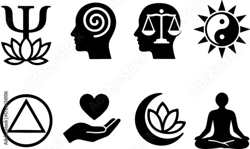 Set of silhouette symbols: psychology, balance, yin yang, meditation, and mindfulness