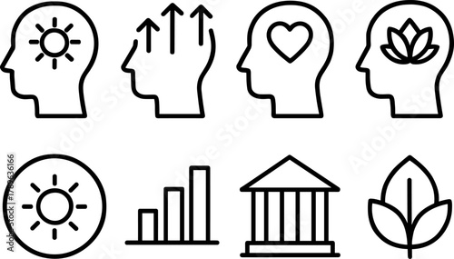 Outline icons of mindfulness and growth with minimalistic style for wellness concepts