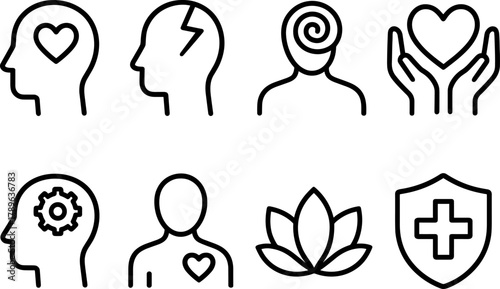 Mental and physical health icons: wellness, mindfulness, and self-care concepts