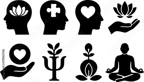 Mindfulness and wellness symbols: silhouette icons of meditation, mental health, and growth