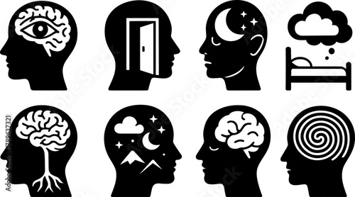 Silhouette icons depicting human head with mental and dream symbols in flat style