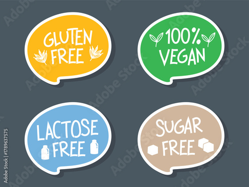 Vegan, sugar free, gluten free, lactose free, product packaging labels set