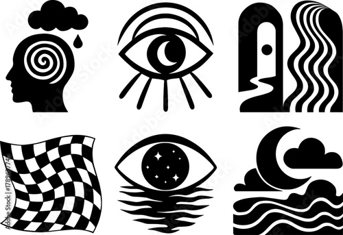 Abstract optical illusions: surreal mind and nature icons in black and white